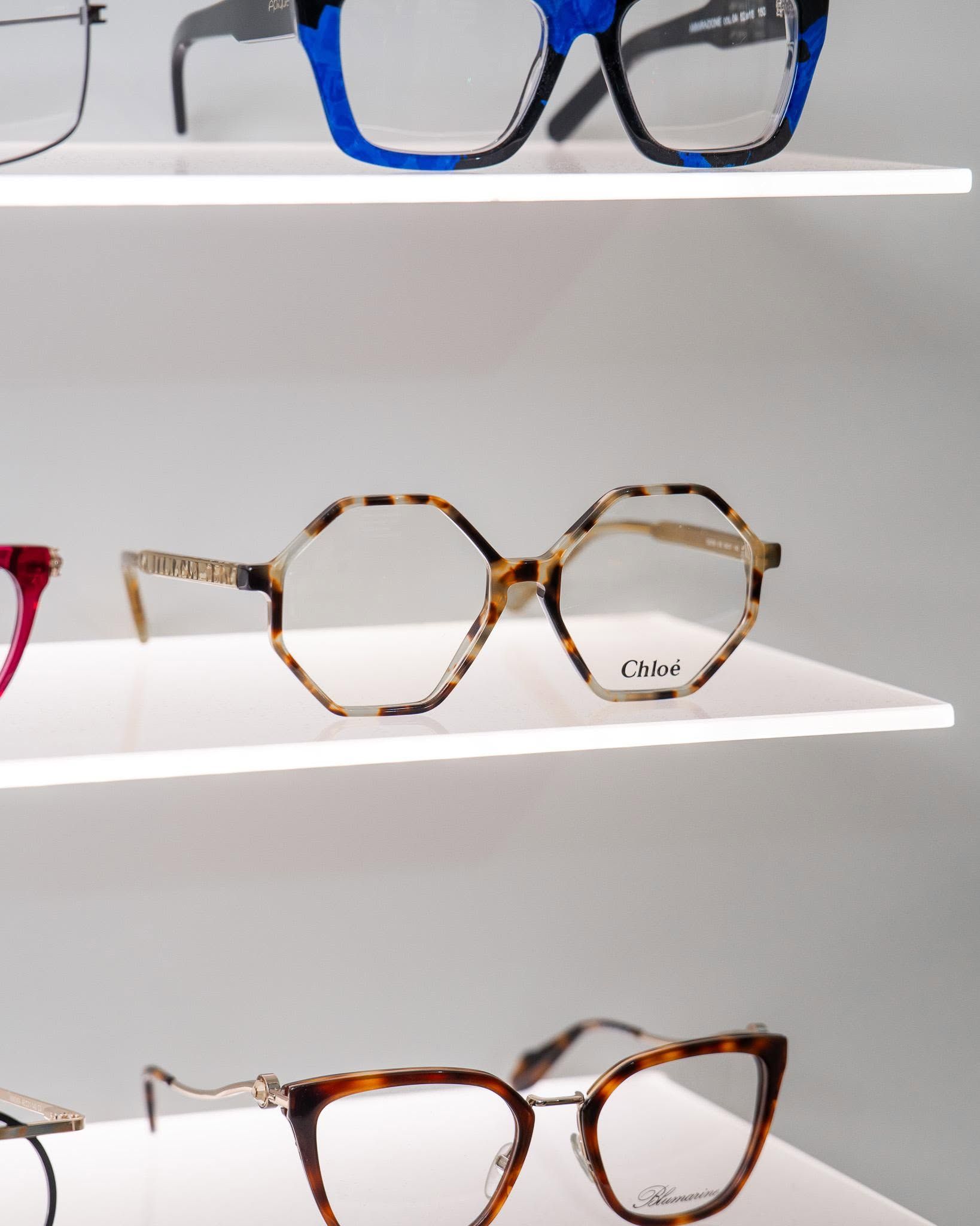 Eyeglasses displayed on white shelves, including blue, tortoiseshell, and brown frames.