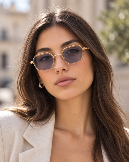 Woman wearing sunglasses and a light blazer outdoors in soft sunlight