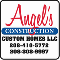 Angel's Construction logo: Red script "Angel's" over a blue rectangle with "Construction", black text, and phone numbers.