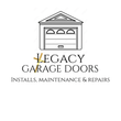 Logo for Legacy Garage Doors: a garage illustration above text and a phone number.