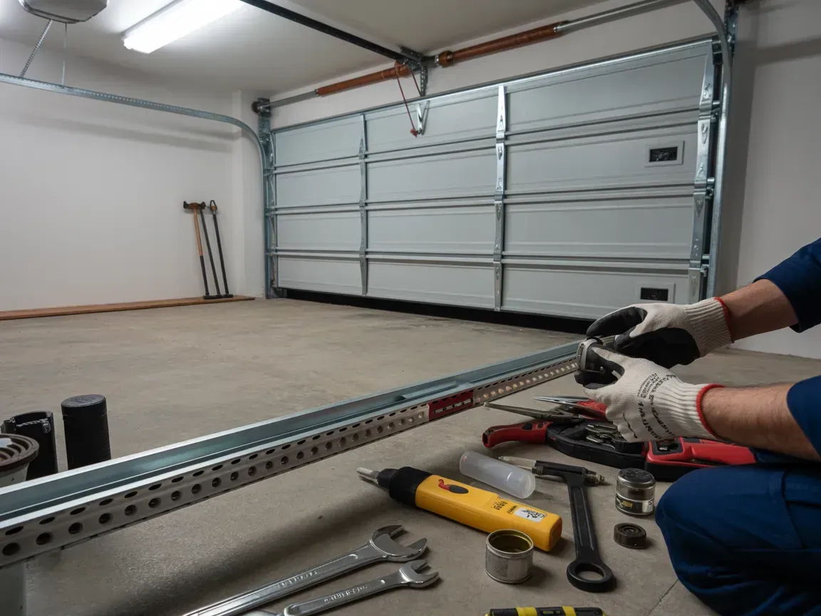 Person in a garage working on a garage door, tools and parts visible.