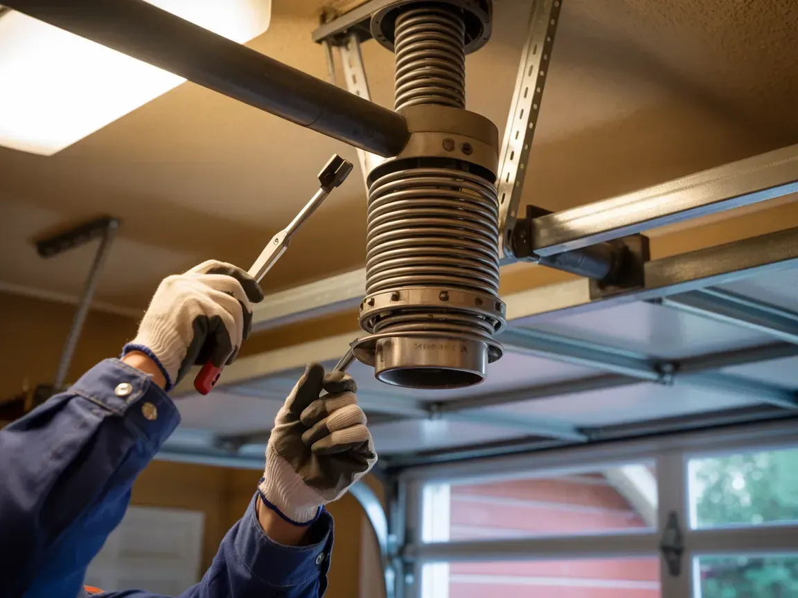 Person in gloves repairs garage door spring with tools in a garage.