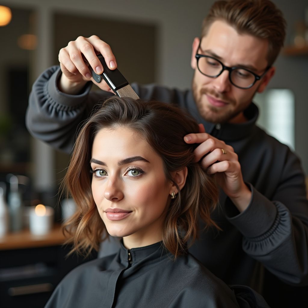 A hairstylist trims a woman's brown hair in a salon. The woman is smiling while the stylist is focused.