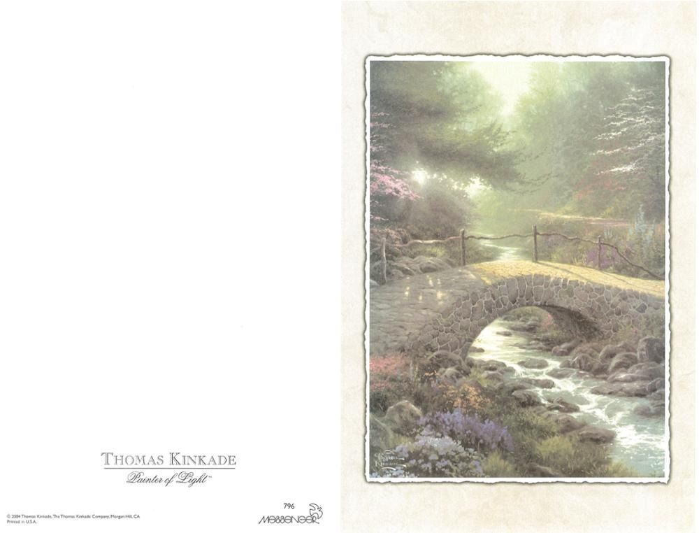 A Thomas Kinkade greeting card with a painting of a stone bridge over a stream in a forest.