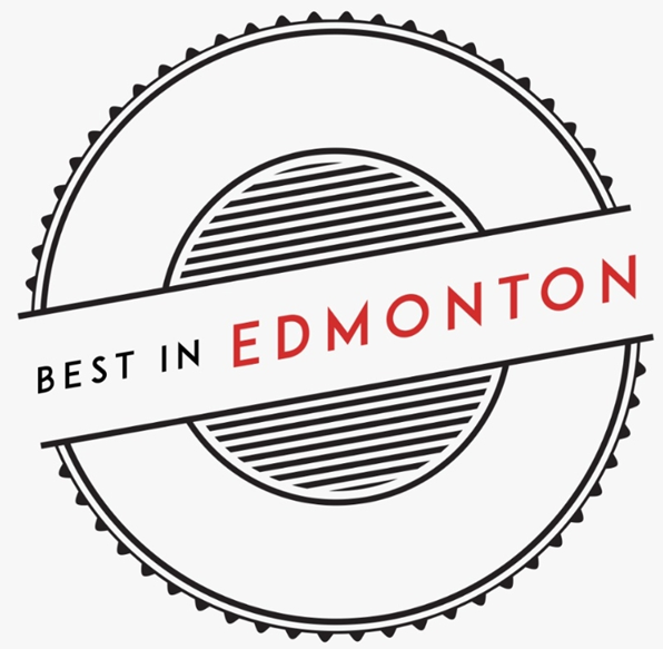 A circular badge design with a serrated edge containing horizontal lines and the text 