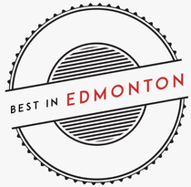 A circular badge design with a serrated edge containing horizontal lines and the text 