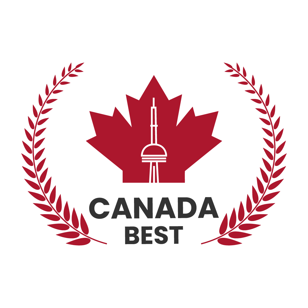 A logo featuring a red maple leaf containing an outline of the CN Tower, framed by laurel branches, with