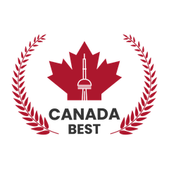 A logo featuring a red maple leaf containing an outline of the CN Tower, framed by laurel branches, with 