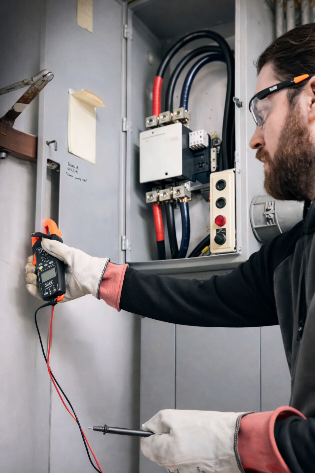 Electrician diagnosing electrical issue during emergency repair in Edmonton