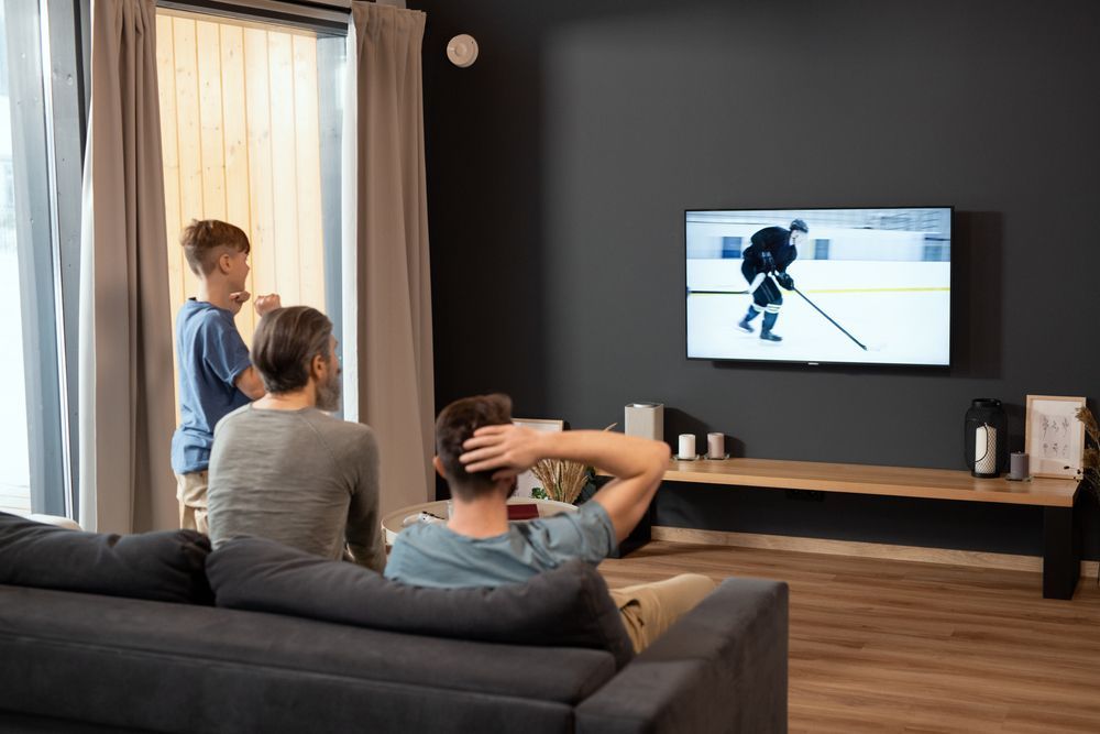 A Family Is Watching A Hockey Game On A Television — Country to Coast Cabling in Gladstone Central, QLD