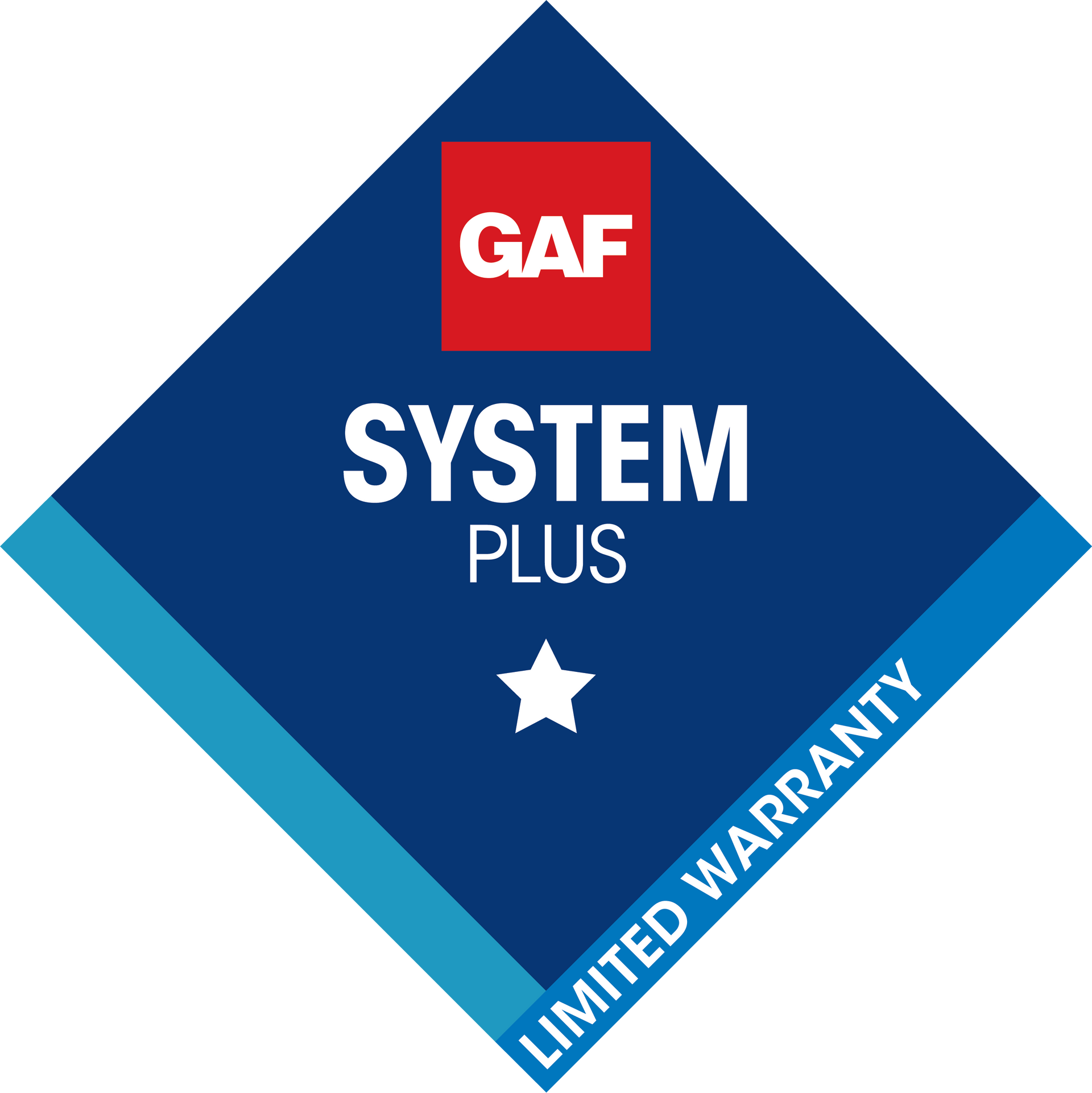 GAF System Plus Limited Warranty logo: blue diamond with white text, red square with 