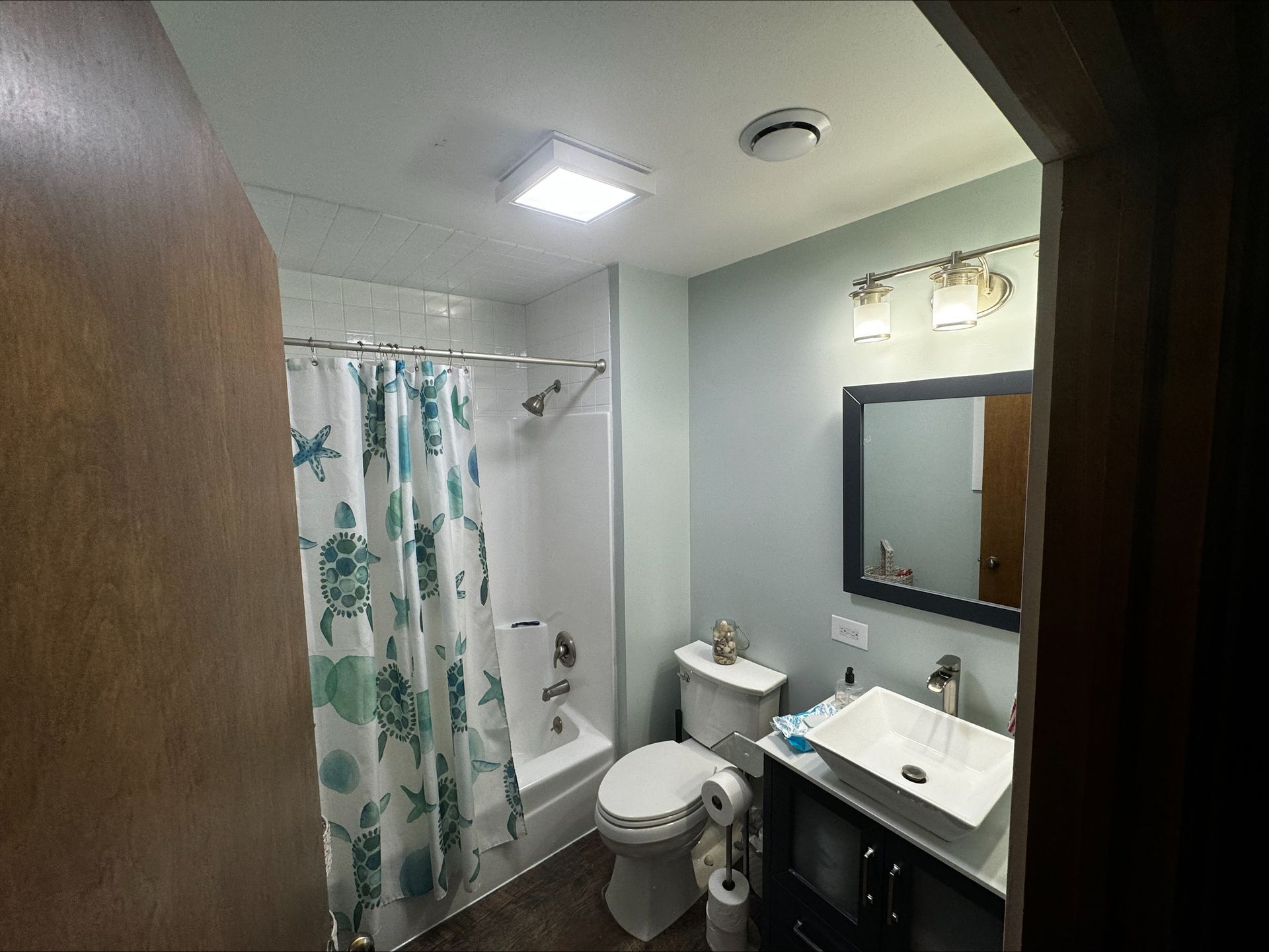 A small bathroom with a white shower curtain featuring sea turtles, a toilet, and a vanity sink with a framed mirror.