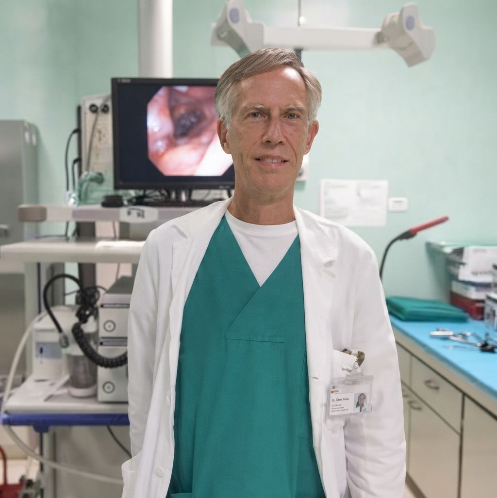 Un medico in camice verde e bianco si trova in una sala operatoria di un ospedale, accanto ad apparecchiature mediche.