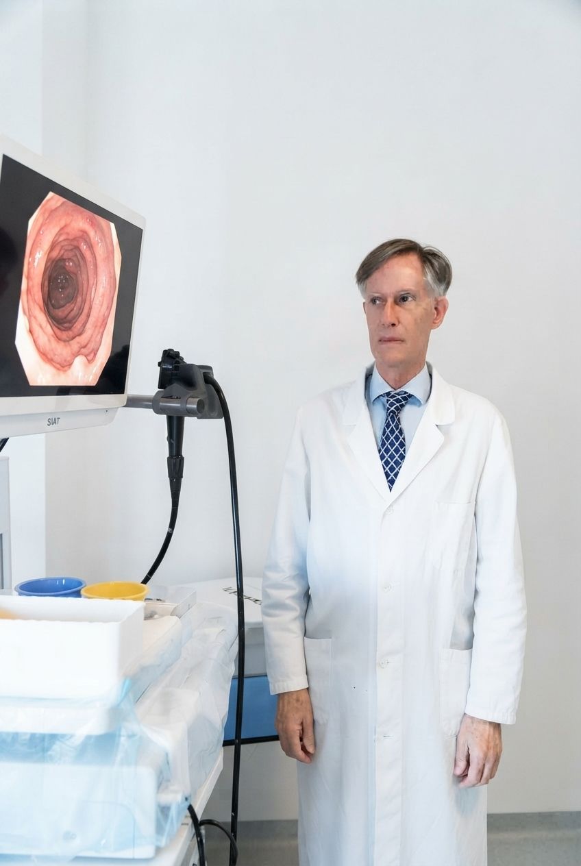 Un medico in camice bianco è in piedi accanto a un monitor medico che mostra un'immagine di scansione circolare.
