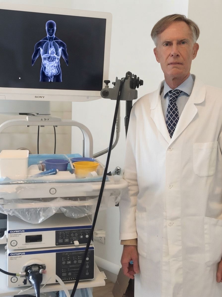 Un medico in camice bianco è affiancato da apparecchiature mediche e da un monitor che visualizza una scansione del corpo umano.