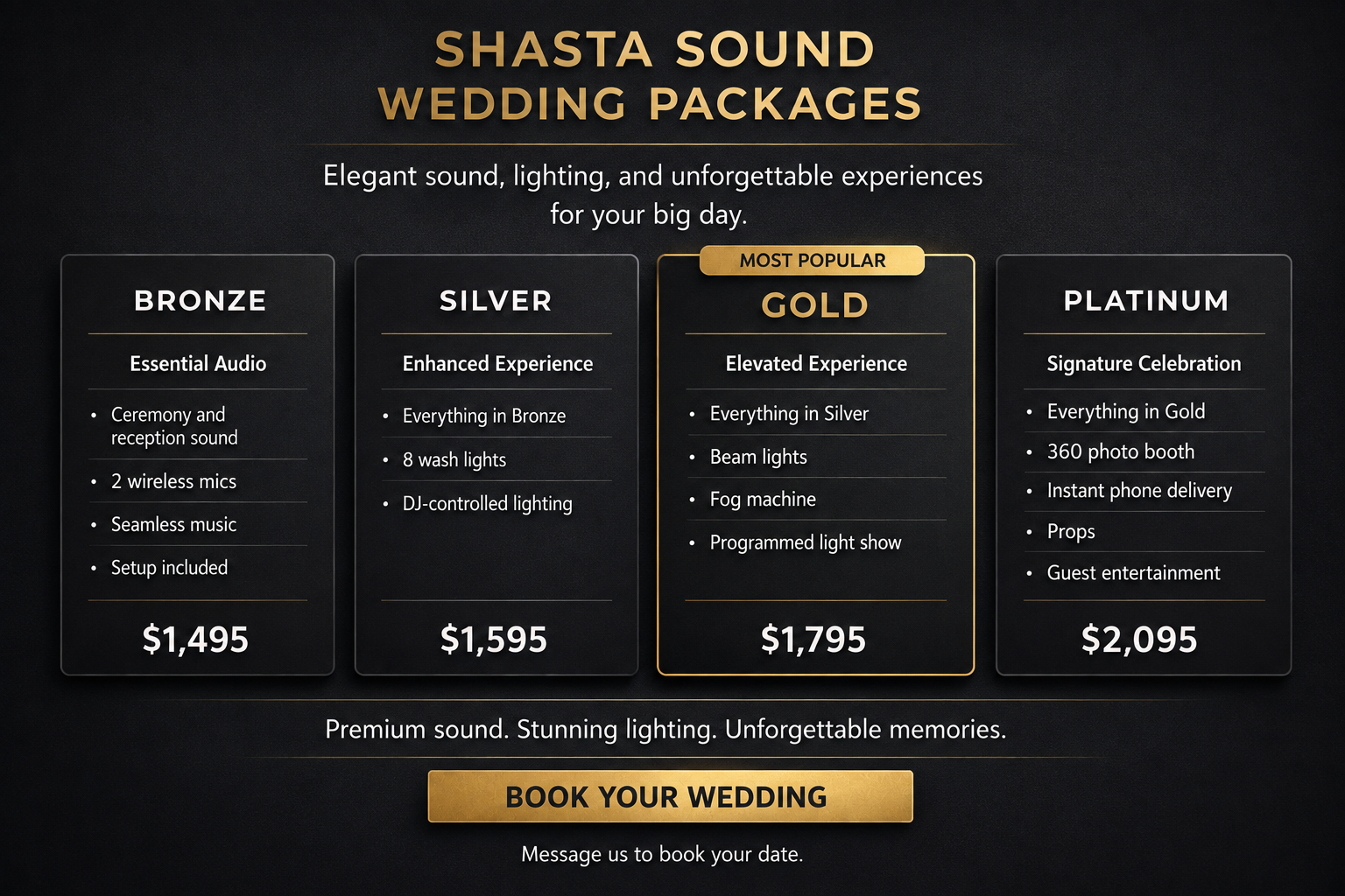 Shasta Sound wedding packages poster with Bronze, Silver, Gold, and Platinum pricing tiers on a dark background