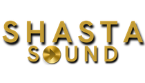 The logo for shasta sound is on a black background.
