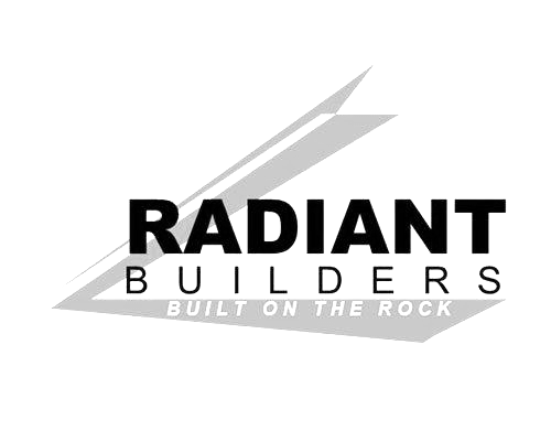 Radiant Builders logo with red text and gray roof graphic, tagline “Built on the Rock”