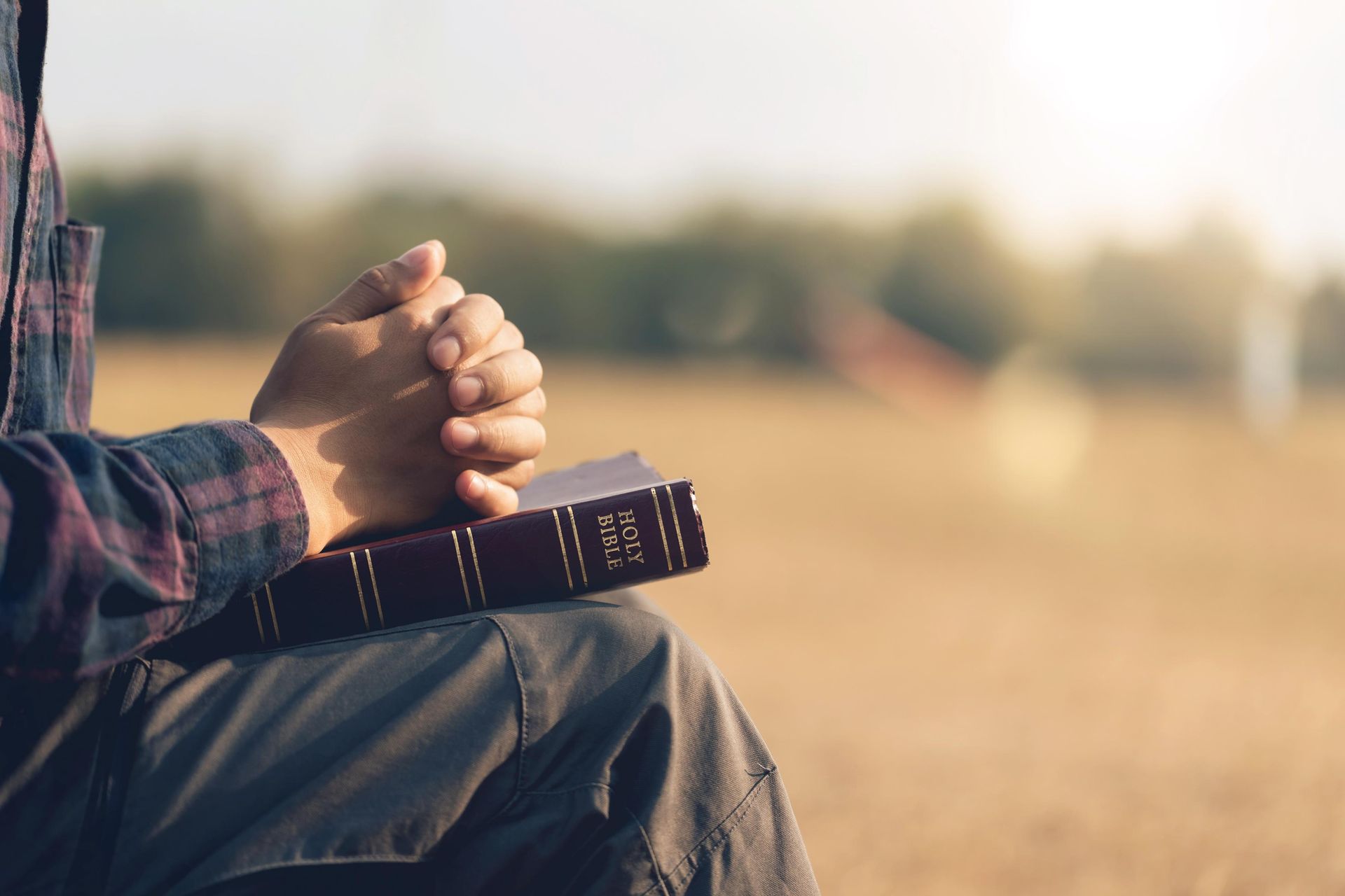 Person sitting outdoors with clasped hands and a Bible on their lap in a sunlit field