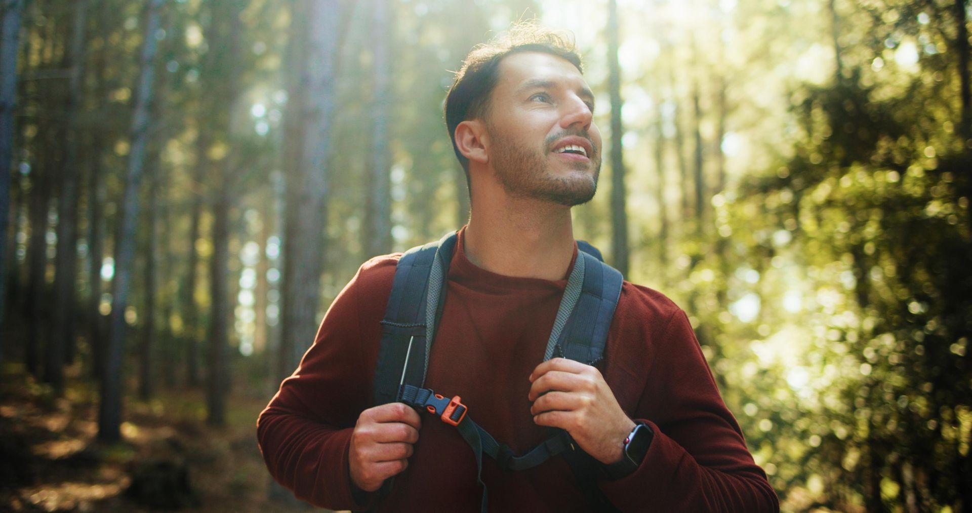 Hiker with backpack standing in a sunlit forest, looking up among tall trees.