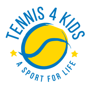 Tennis 4 Kids logo with blue text around a yellow tennis ball and blue swoosh, tagline “A sport for life”