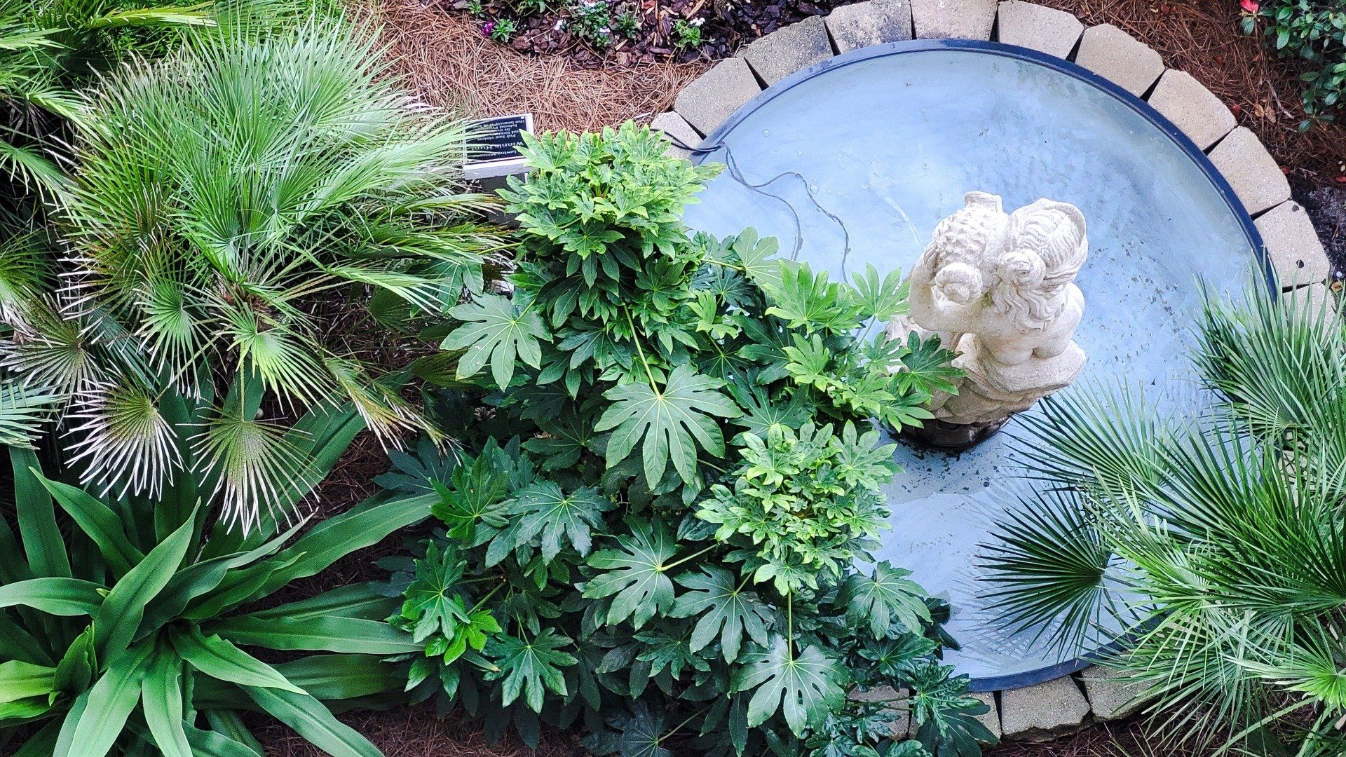 Decorative concrete statue in fountain viewed from above in Rancho Cucamonga