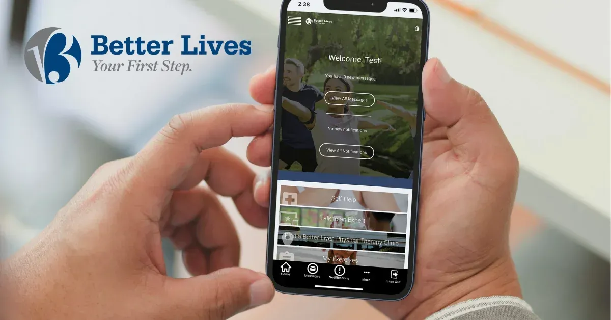 Hands holding a smartphone showing the Better Lives app interface and logo on screen.
