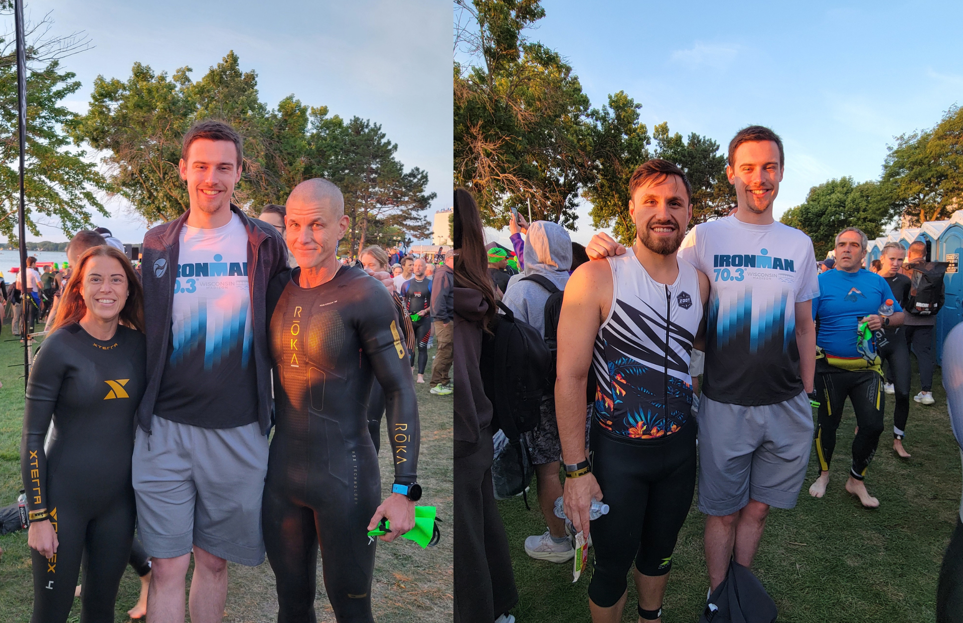Two men and a woman posing outdoors at a sunset run, with other runners in the background.
