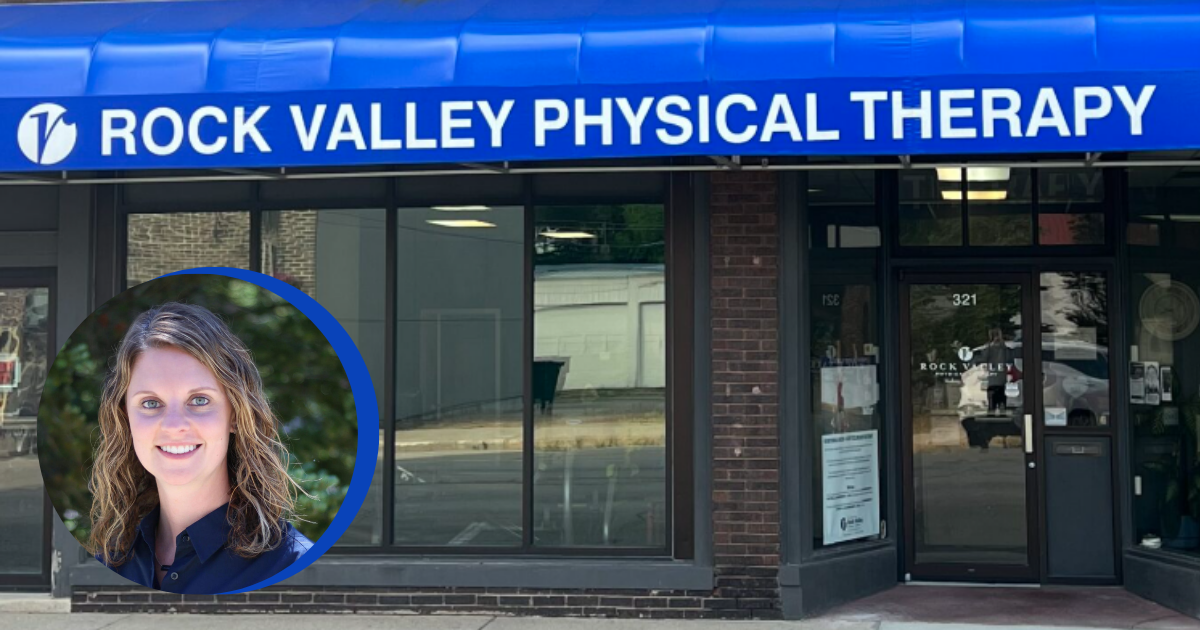 Rock Valley Physical Therapy storefront with blue sign and circular portrait inset on the left