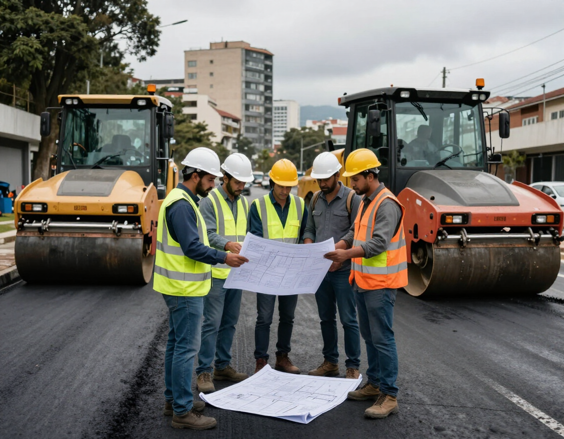 Obreros con chalecos de seguridad y cascos revisan planos en una calle recién pavimentada con dos apisonadoras cerca.