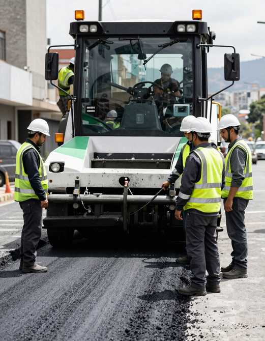 Obreros de la construcción con chalecos reflectantes inspeccionan una pavimentadora que coloca asfalto nuevo.