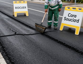 Un trabajador vial sella grietas en el asfalto junto a los letreros de Core Souciad.
