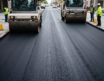 Dos apisonadoras pavimentando una calle recién asfaltada con trabajadores a cada lado.