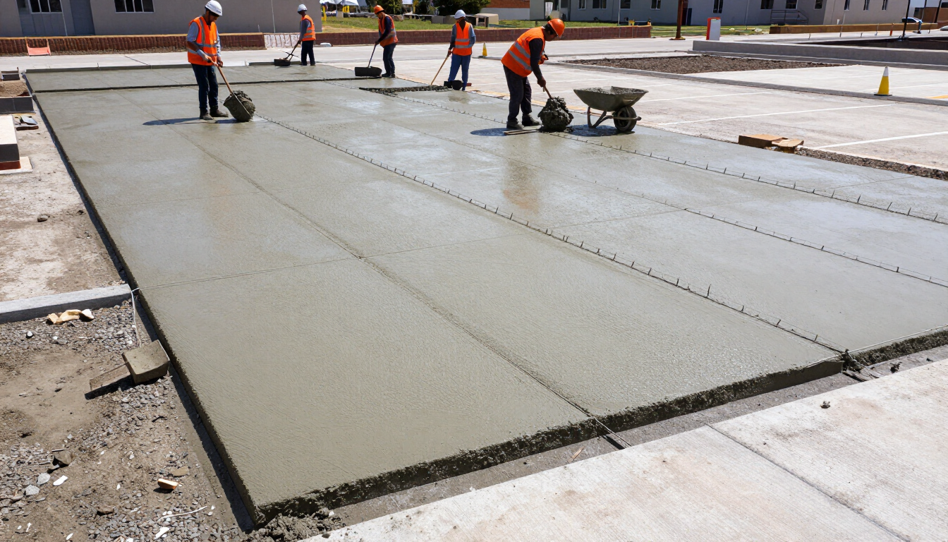 Trabajadores alisando hormigón fresco sobre una gran losa de pavimento en una obra en construcción.