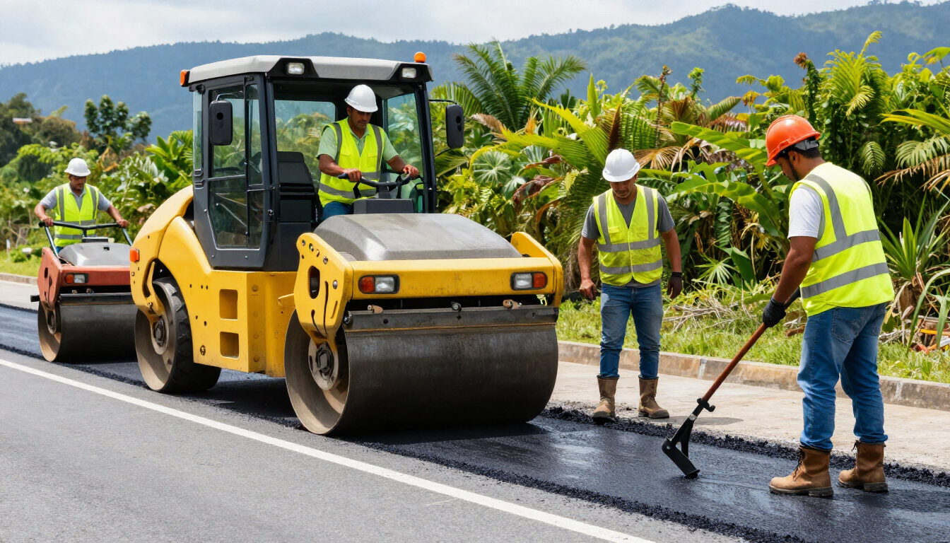 Equipo de mantenimiento de carreteras pavimentando asfalto con un rodillo amarillo y trabajadores con chalecos.
