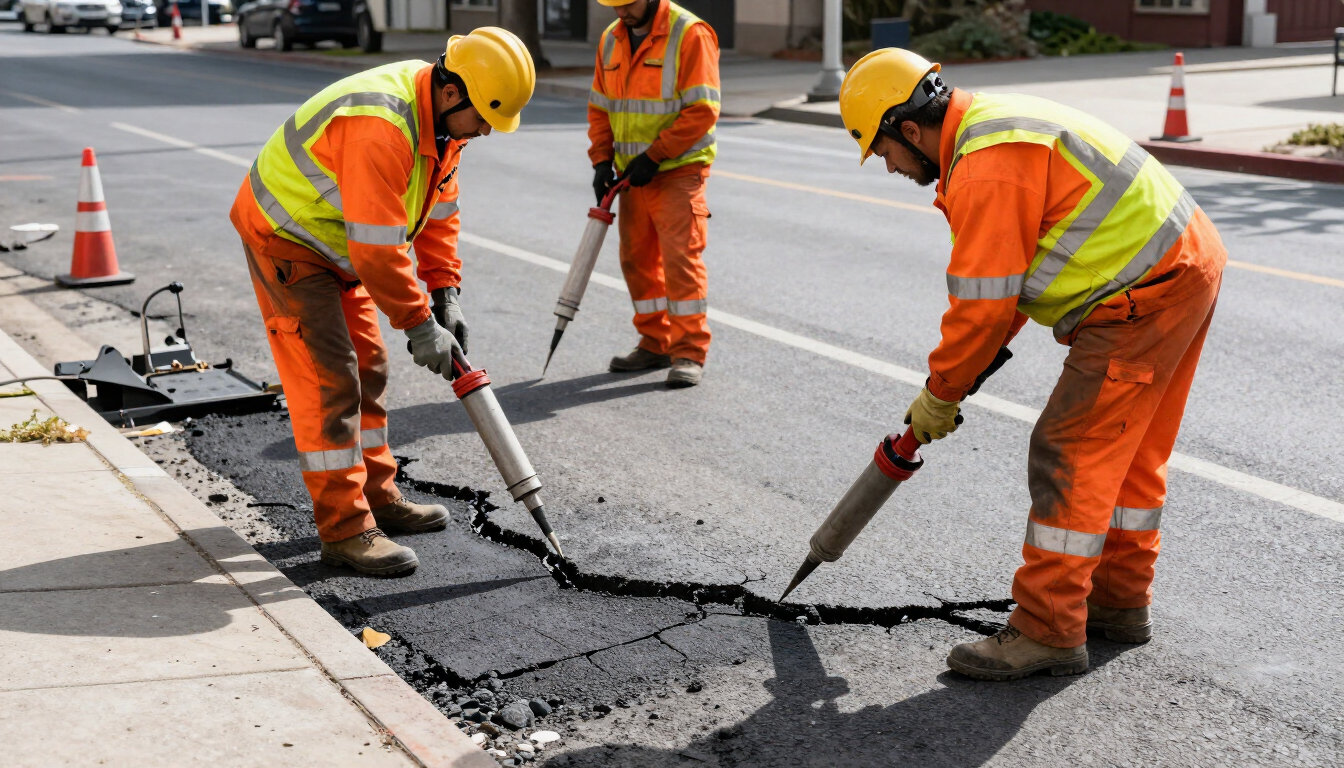 Obreros con trajes de seguridad naranjas rompen el asfalto con martillos neumáticos en una obra de reparación de calles.