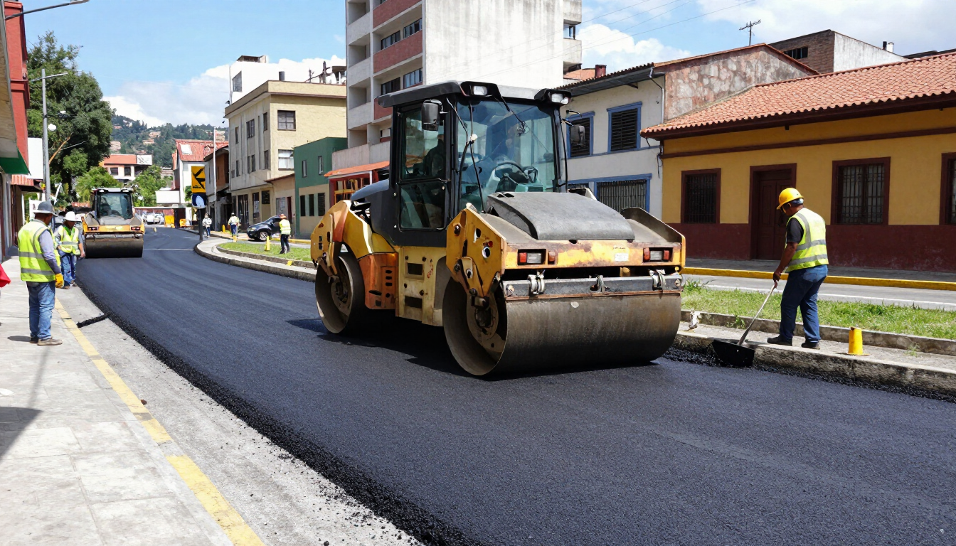 Equipo de construcción de carreteras pavimentando una calle con una apisonadora y trabajadores con chalecos de seguridad.