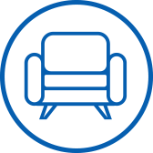 Blue outlined armchair icon inside a blue circle on a white background