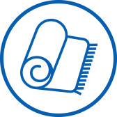 Blue circular icon of a rolled-up paper or mat with a comb-like edge