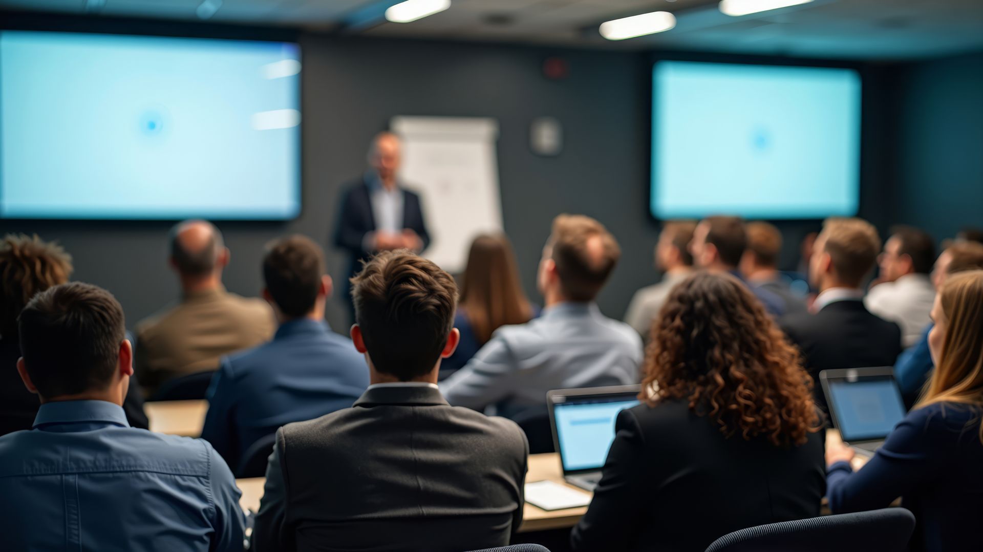 A professional presentation in a modern conference room with an audience seated at tables facing a speaker.