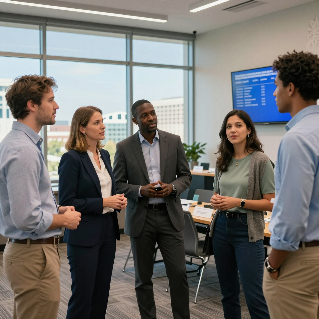 A team of four colleagues stands in a bright office conference room, engaged in a discussion near a wall-mounted display.