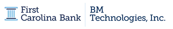 Logo for First Carolina Bank and BM Technologies, Inc. featuring a light blue column icon.