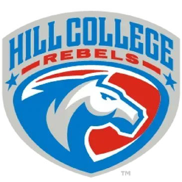 Logo for Hill College Rebels featuring a blue and white horse head silhouette on a red and blue shield background.