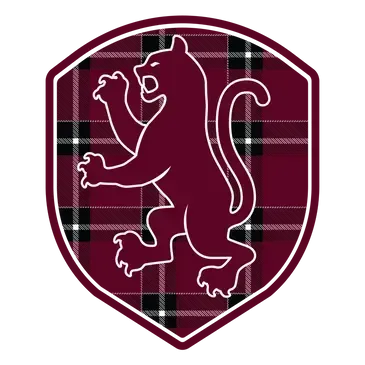 A maroon shield featuring a white outline of a roaring lion against a plaid background.