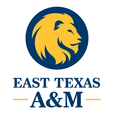 Logo for East Texas A&M featuring a gold lion head profile centered in a dark blue circle above the text 