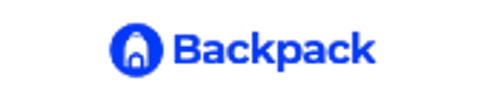 A blue circular logo featuring a white stylized backpack icon next to the word