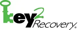 The logo for Key2Recovery, featuring a green key icon, black text, and a stylized green number 2.