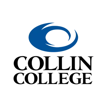 The logo for Collin College, featuring a blue abstract swirl icon above the bold, black text 