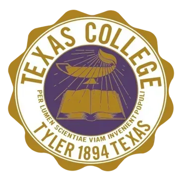 The circular, gold-and-purple seal of Texas College, featuring an open book, a lamp, and the Latin motto.