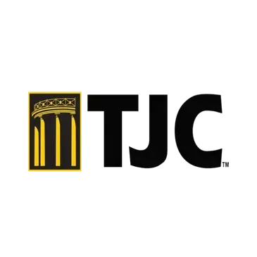 Logo for TJC featuring a black and gold square with a column design next to the black bold letters 
